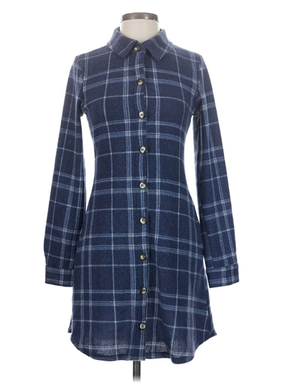 Gilli Women's Size Small Mini Shirt Dress Flannel Blue White Plaid Pockets Long